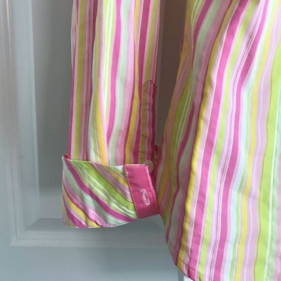 Lilly Pulitzer Striped Button Down Cuffed Shirt Size 6 Hot Pink Green Vintage - Picture 13 of 17